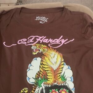 Ed Hardy Brown Short Sleeve Tee with Multicolor Tiger Motif
